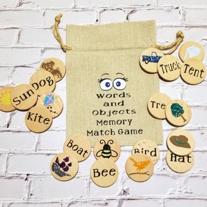 PERSONALIZED  Words & Objects Wooden Memory Game - Matching Game - Busy Bag - Travel Toy - Kids Gift/Activity