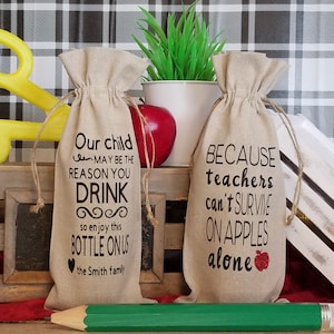 THANK A TEACHER - Personalized - Teacher Gift Bag - Teacher Thank you Gift - Friend - Thank You Gift Bag - Linen Wine Bag -Beverage Bag 14" Rustic Cotton