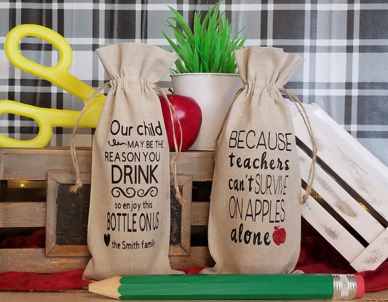 THANK A TEACHER - Personalized - Teacher Gift Bag - Teacher Thank you Gift - Friend - Thank You Gift Bag - Linen Wine Bag -Beverage Bag 14" Rustic Cotton