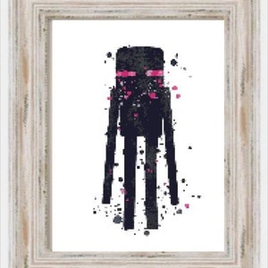Könnte beinhalten: Eine schwarze und pinkfarbene Pixelfigur mit großen Augen und langen Armen, die auf einem weißen Hintergrund mit pinkfarbenen und grauen Spritzern steht.