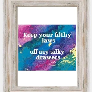 May include: A framed print with a colorful abstract background and the text "Keep your filthy laws off my silky drawers".