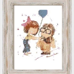 Watercolor Carl and Ellie- True Love, Modern Cross Stitch, Full Cross, Cartoon, Movie