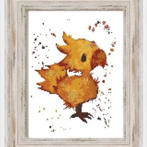 May include: A yellow and orange cartoon bird with a white background. The bird has a small beak and large eyes. The bird is surrounded by small red and orange dots.