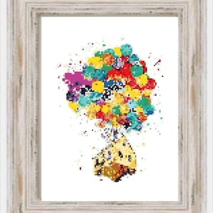 Watercolor Up House - PDF Digital Download, Up, Full Cross, Easy Cross Stitch, Beginner Cross Stitch, Colorful, Balloons