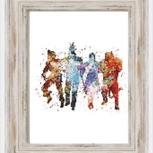 May include: A framed watercolour painting of five figures in a group, with a white background. The figures are in various poses, with their arms around each other. The figures are painted in shades of blue, green, red, yellow, and orange.