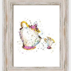 Watercolor Mrs. Potts and Chip- Modern Cross Stitch, Fandom, Movies, Cartoon