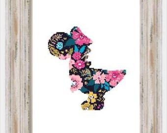 Floral Dino- Modern Cross Stitch, Retro, Dino, Gamers, Gamming, Decor