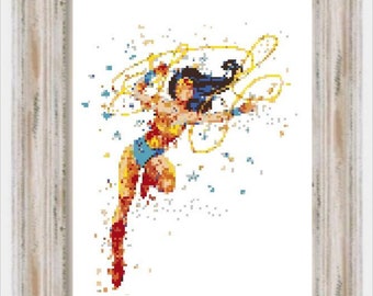 Watercolor Wonder Lady- Modern Cross Stitch, Comic Book, Characters, Strong Women, Fantasy