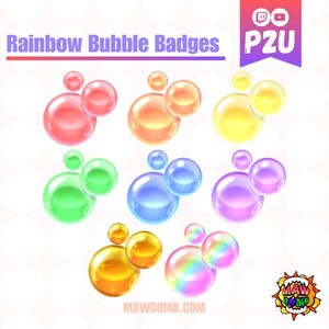 Op de afbeelding: Negen kleurrijke bellenbadges met regenboog-, rood-, oranje-, geel-, groen-, blauw-, paars- en gouden kleuren. De badges hebben de vorm van bellen en een glanzende afwerking. De tekst "P2U" en "MAWBOMB.COM" zijn zichtbaar in de afbeelding.