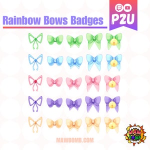 Op de afbeelding: Een set van 20 regenboog strik badges. De badges zijn in verschillende kleuren, waaronder groen, blauw, roze, paars en geel. Elke badge heeft een strik met een klein belletje.
