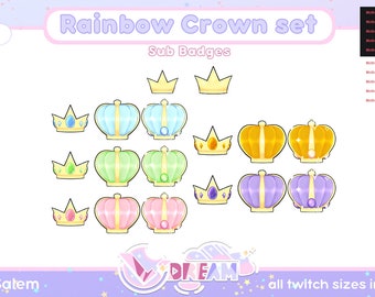 Rainbow Crown twitch sub badges | channel points | set of five