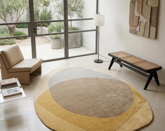 Hand-Tufted Irregular Abstract Rug, Organic Shape Area Rug, Muted Mustard Color Mid-Century