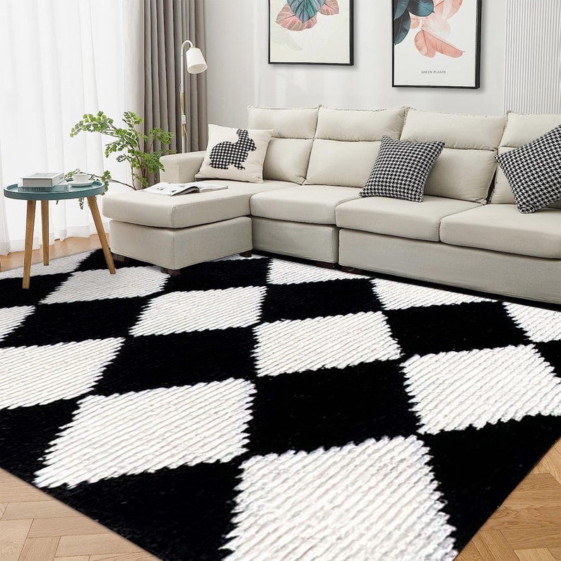 Geometric Rug 9x12 ! Hand Tuffed ! Black and White Carpet ! 8x11, 7x10, 6x9 ! Rugs for Living Room, Hallway