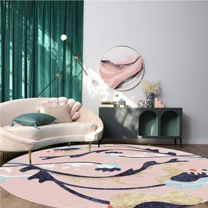 Round Tufted Rug 9x9, Wool Tufte, Geometric Carpet 8x8, 7x7, 6x6 5x5 Pink Area Rugs, Hallway, Dining, Bed, Room Carpets image 7