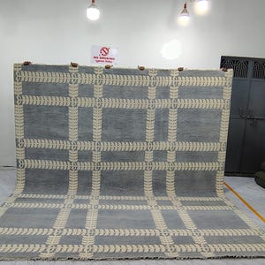 Hand-Knotted Wool Oushak Rug: Blue Geometric Area Carpet