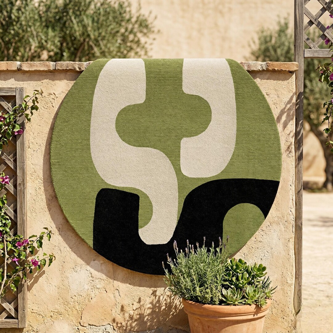 Moss Green Ivory Hand Tufted Round Wool Rug Geometric Carpet 8x8, 9x9 ...