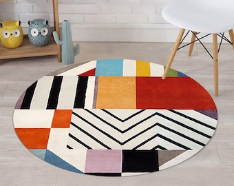 Hand tuffed rug 6x6, 7x7, Geometric carpet 8x8, 9x9, Round multicolor rugs, Hallway, Bed, Kids, Living, room carpets
