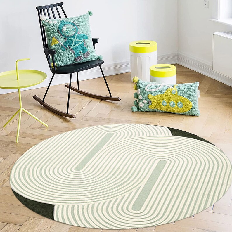 Round Area Rug 6x6, 7x7 Living Room Carpet, 8x8 Hallway Rugs ! 9x9, 10x10, 11x11 ! Large Wool Carpet, Hand Tufted, Green and White Color