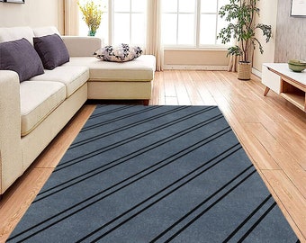 Blue Wool Area Rug: Hand Tufted Geometric Carpet, Custom Size