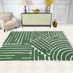 5x8 Green Area Rug ! Hand Tuffed ! Geometric Wool ! 6x9, 7x10, 8x11 ! Bed, Living, Room Carpets ! Rectangular Rugs