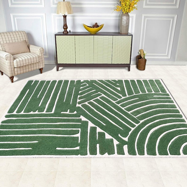 5x8 Green Area Rug ! Hand Tuffed ! Geometric Wool ! 6x9, 7x10, 8x11 ! Bed, Living, Room Carpets ! Rectangular Rugs