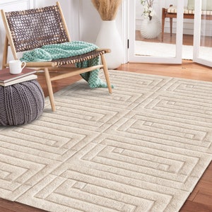 Beige Wool Carpet ! Hand Knitted ! Geometric Design ! 5x7, 6x8, 7x10 ! 8x11 Bedroom Rugs ! 9x13 Living Room Carpets