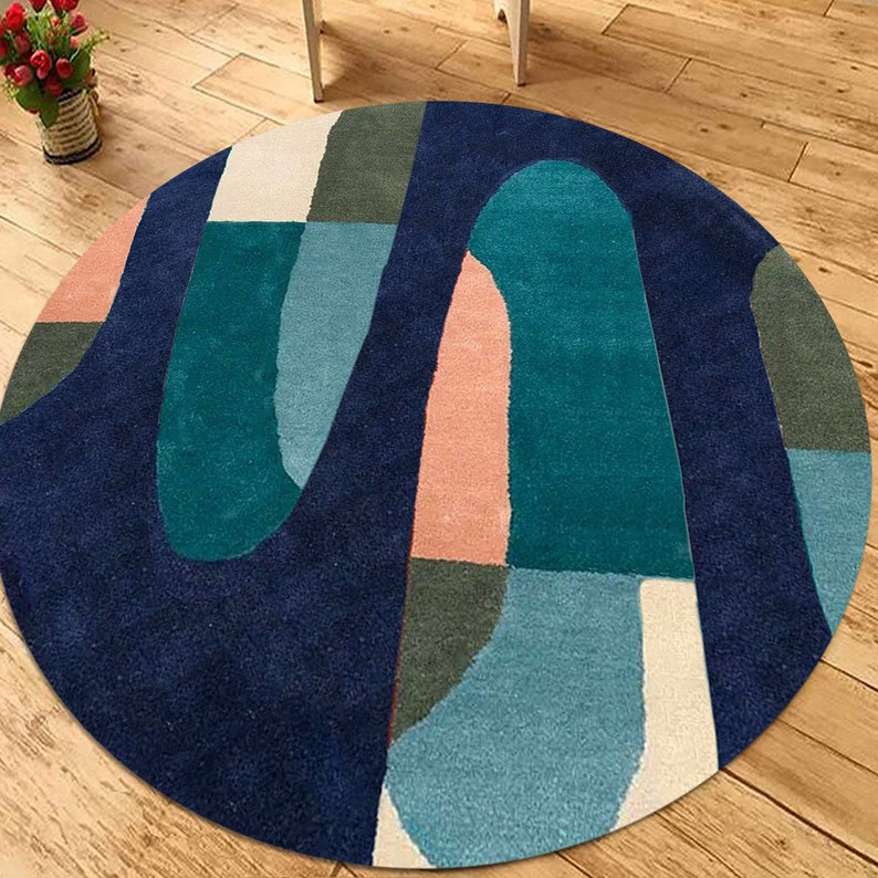 7x7 Round Rug for Dining Room, Hand Tuft 8x8, 9x9 Geometric Wool, Blue Area Rug, Contemporary Bed, Living Room Carpet image 1
