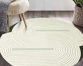 Round Area Rug 6x6, 7x7 Living Room Carpet, 8x8 Hallway Rugs ! 9x9, 10x10, 11x11 ! Large Wool Carpet, Hand Tufted, Green and White Color