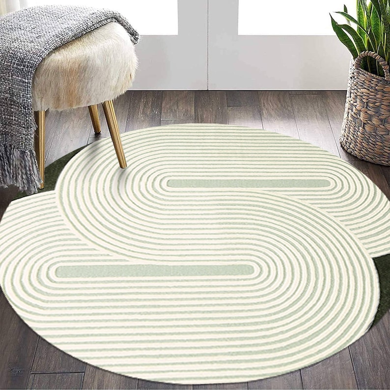Round Area Rug 6x6, 7x7 Living Room Carpet, 8x8 Hallway Rugs ! 9x9, 10x10, 11x11 ! Large Wool Carpet, Hand Tufted, Green and White Color