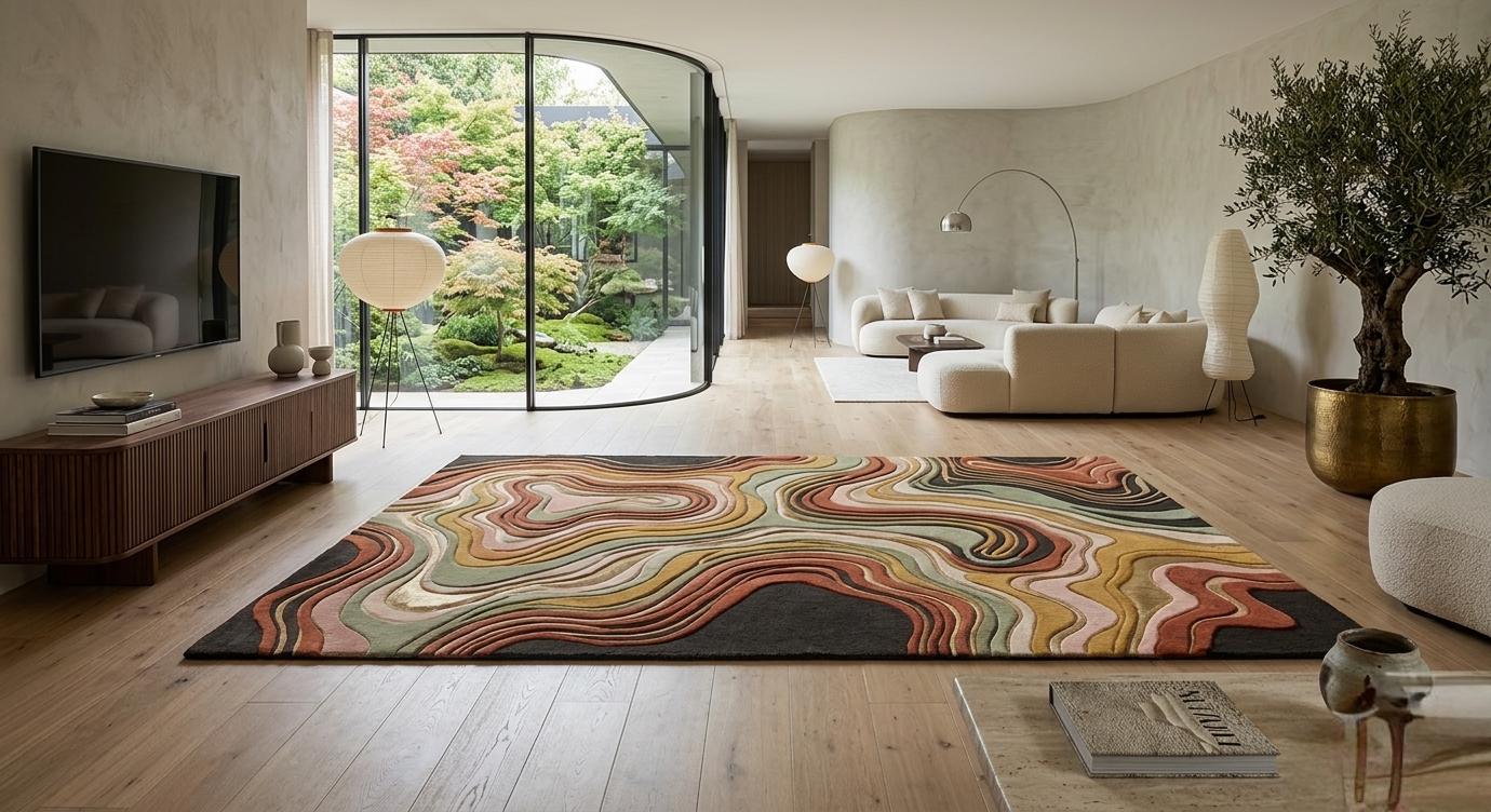 Hand Tufted Modern Wave Wool Rug | Abstract Swirl Area Rug | Earth Tone ...