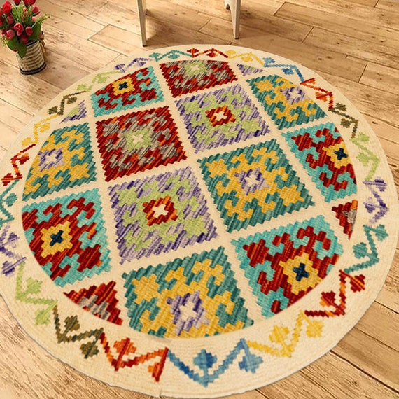 手織りウールラウンドラグ：幾何学模様のマルチカラーカーペット