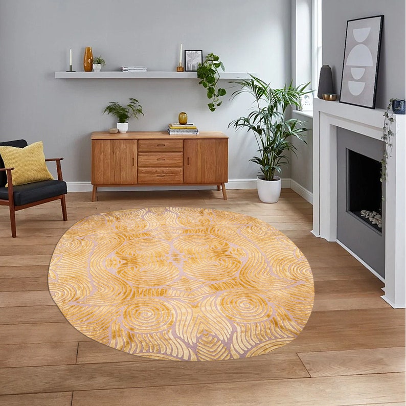 Area Rug 5x7 Hand Tuffed Carpet Oval Rugs 6x8, 7x10, 8x11 9x13 Living Room Carpets Geometric Wool Beige and Mustard Color image 3
