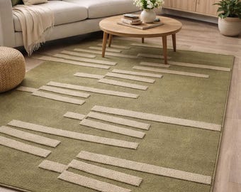 Hand Tufted Wool Area Rug Modern Green Abstract Textured Carpet Living Room