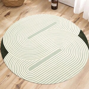 Round Area Rug 6x6, 7x7 Living Room Carpet, 8x8 Hallway Rugs ! 9x9, 10x10, 11x11 ! Large Wool Carpet, Hand Tufted, Green and White Color