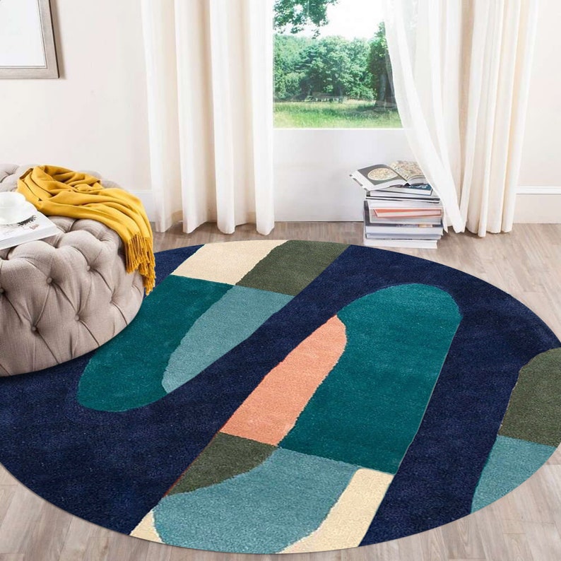 7x7 Round Rug for Dining Room, Hand Tuft 8x8, 9x9 Geometric Wool, Blue Area Rug, Contemporary Bed, Living Room Carpet image 3