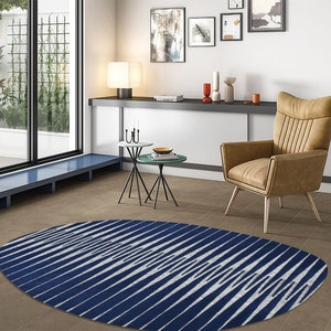 Oval Wool Rug 6x8, Blue Color, Hand Tufting Carpet ! 7x10, 8x11, 9x13 ! 10x14 Area Rugs, Geometric Design, Bed, Living Room Carpets