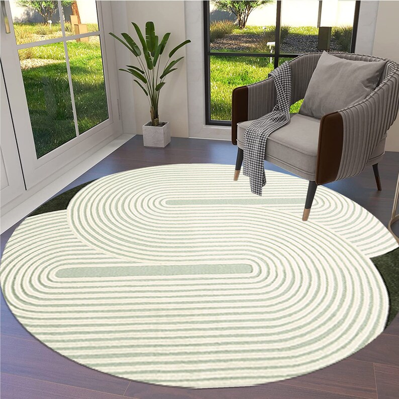 Round Area Rug 6x6, 7x7 Living Room Carpet, 8x8 Hallway Rugs ! 9x9, 10x10, 11x11 ! Large Wool Carpet, Hand Tufted, Green and White Color