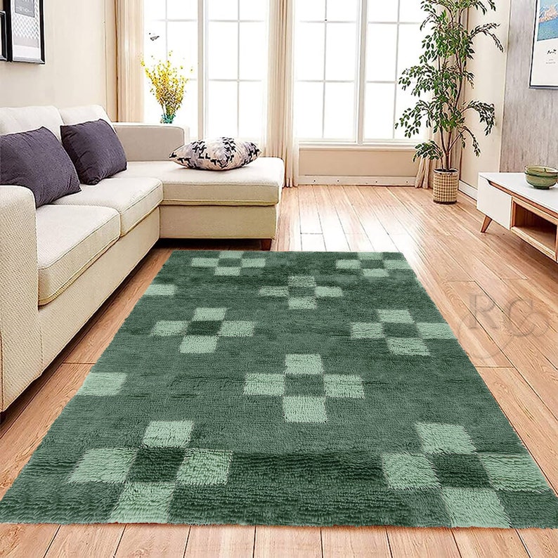 Green Area Rug 8x11 Hand Knotted Carpet Geometric Wool 8x10, 7x10, 6x9 Bed, Living, Room Carpets Rectangular Rugs image 8