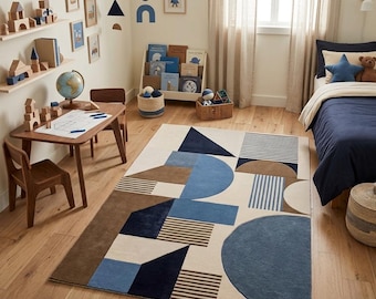 Hand Tufted Geometric Wool Rug - Rugs for Living Room - Blue & Brown Mid Century Large Floor Carpet