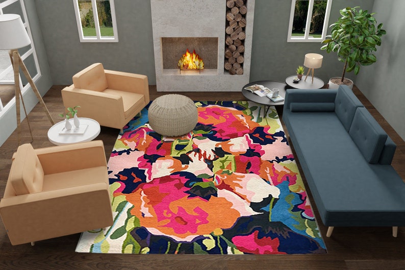 Tufted Floral Rug, Wool Rugs, Modern Rugs, 6x9, 5x7, 8x10, 8x11, Contemporary Carpet, Living Room Rugs, Bedroom Carpet