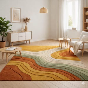 Hand-Tufted Wavy Pattern Rug – Modern Area Rugs in Rust, Mustard Sage Green