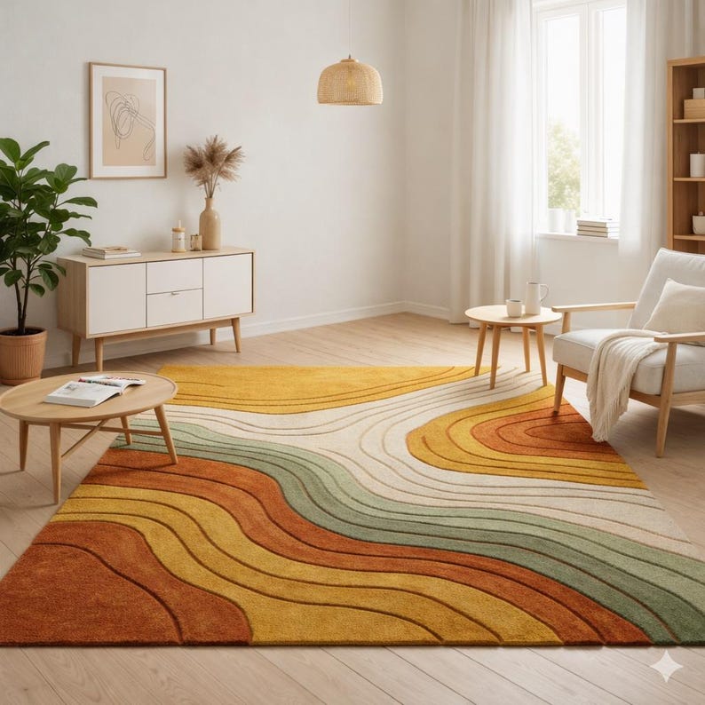 Hand-Tufted Wavy Pattern Rug – Modern Area Rugs in Rust, Mustard Sage Green