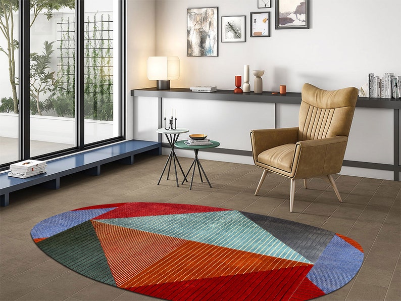 Area Rug 8x10 7x10, 6x9 Geometric Wool, Handmade Tufted, 6x8 Bedroom Carpet, Oval Shape, Living Room, Hallway Carpets image 6