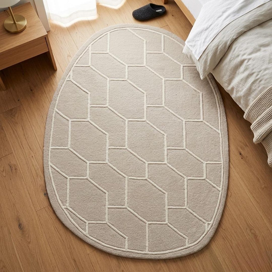 Pie Shape Rug Hand Tufted Wool Rug – Modern Geometric Pebble Shape, Beige Custom Size ...
