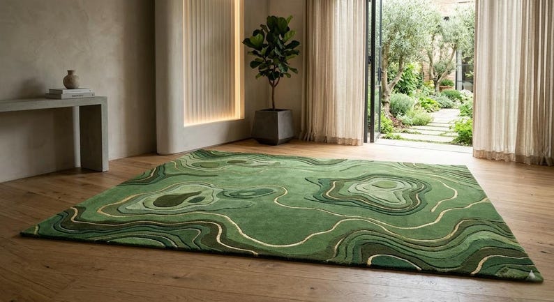 Hand Tufted Moss Green Forest Rug Organic Shape Wool Area Carpet for ...