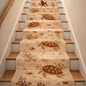 May include: Beige stair runner rug with a sea turtle and ocean life design. The rug features brown sea turtles, starfish, coral, and other sea creatures. The runner is installed on wooden stairs with white risers.
