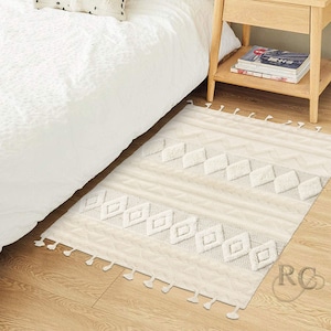 6x8 Bohemian Rug ! Hand Woven Carpet ! Ivory Area Rugs ! 6x9, 7x10, 8x11 ! Geometric Wool ! Bed, Living, Room, Hallway Carpets