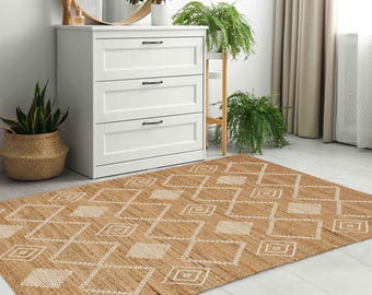 Handwoven Jute Diamond Area Rug - 5x8 Boho Natural Fiber Rug for Living Room