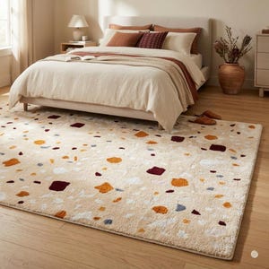 Terrazzo Style Hand Tufted Wool Rug, Modern Abstract Area Rugs, Neutral Beige with Rust & Cream Flecks, 8x10, 9x12