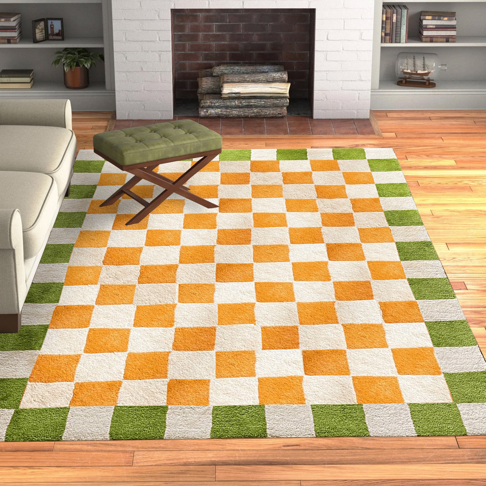 Area Rug 8x10 | Orange Green Combo, Living Room Rugs | 7x10, 6x9, 5x8 ...